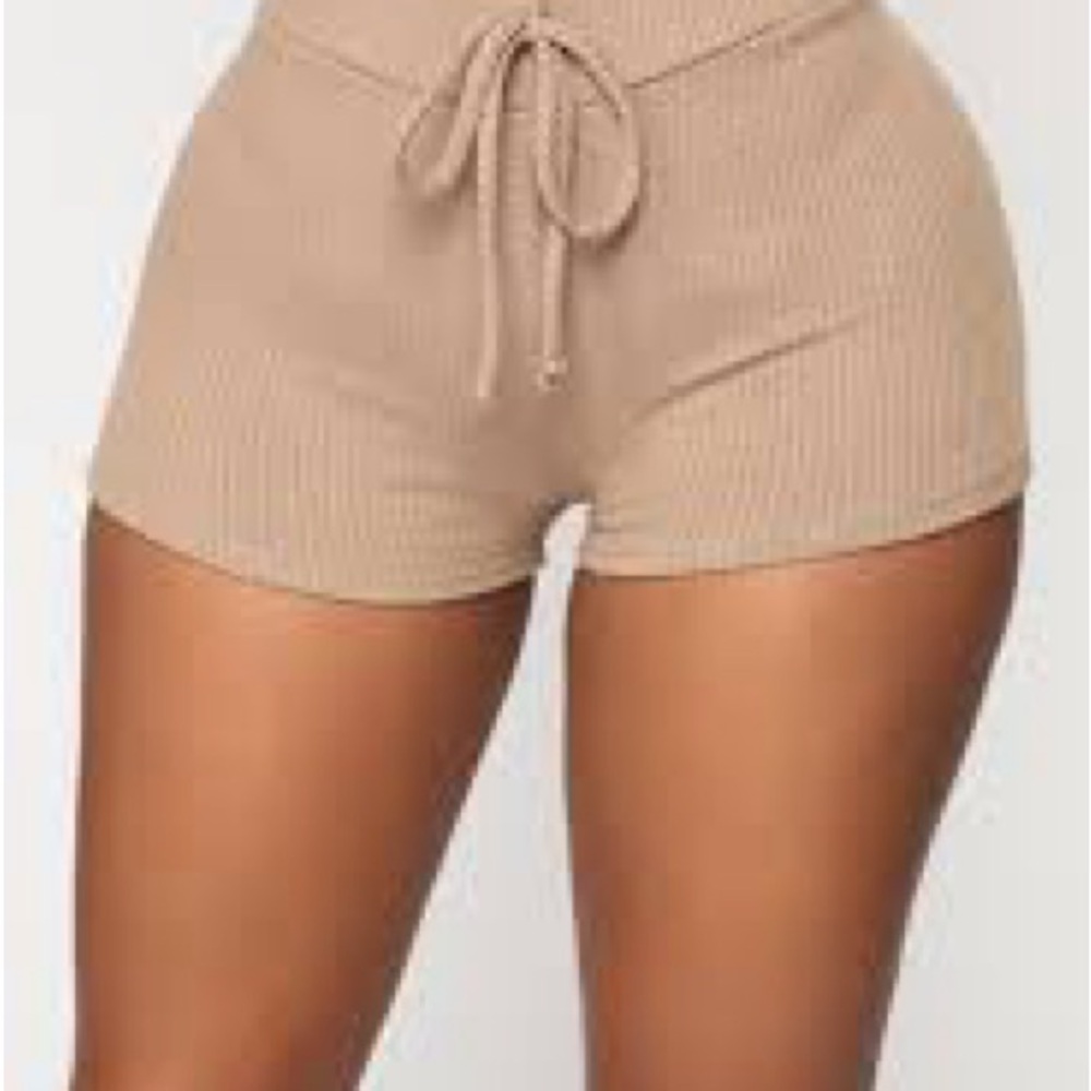 Tan Ribbed High-Waisted Shorts